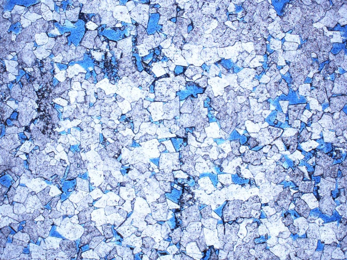 Thin section photomicrograph of a crystalline dolostone. Field of view = 4mm